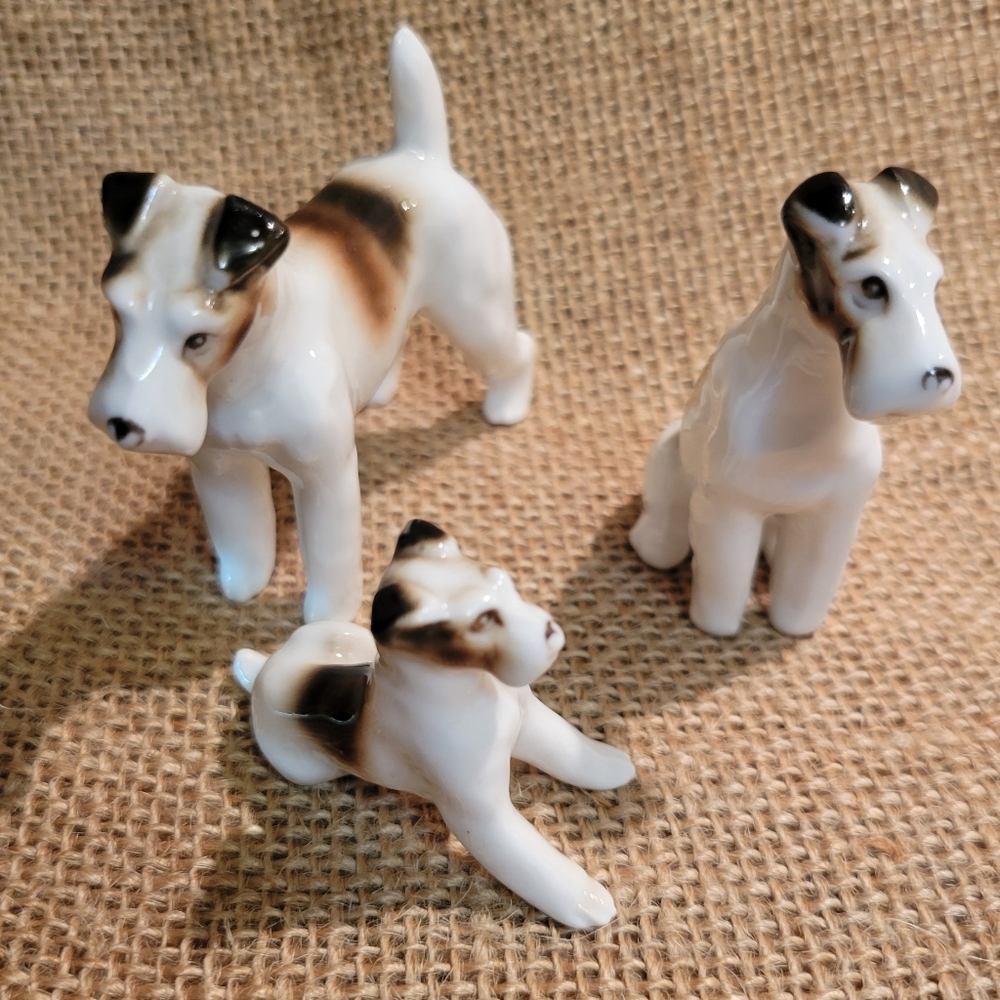 Vintage Miniature Bone China Fox Terrier Family, Set of 3